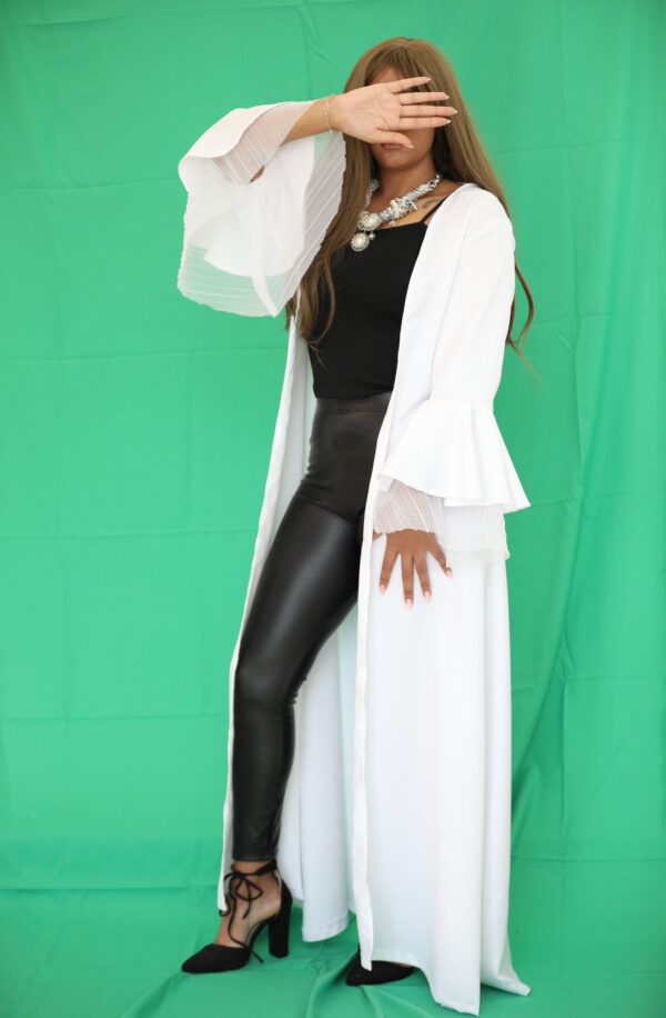 White Satin Abbaya mix with Chiffon Plisse Sleeve